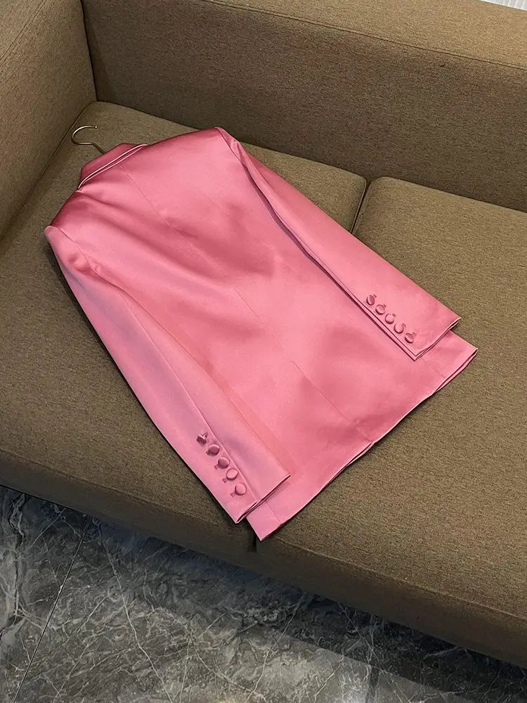 Pink Satin Slim Fit Blazer Hip-covering Skirt Fashionable Commuting Two-piece Set