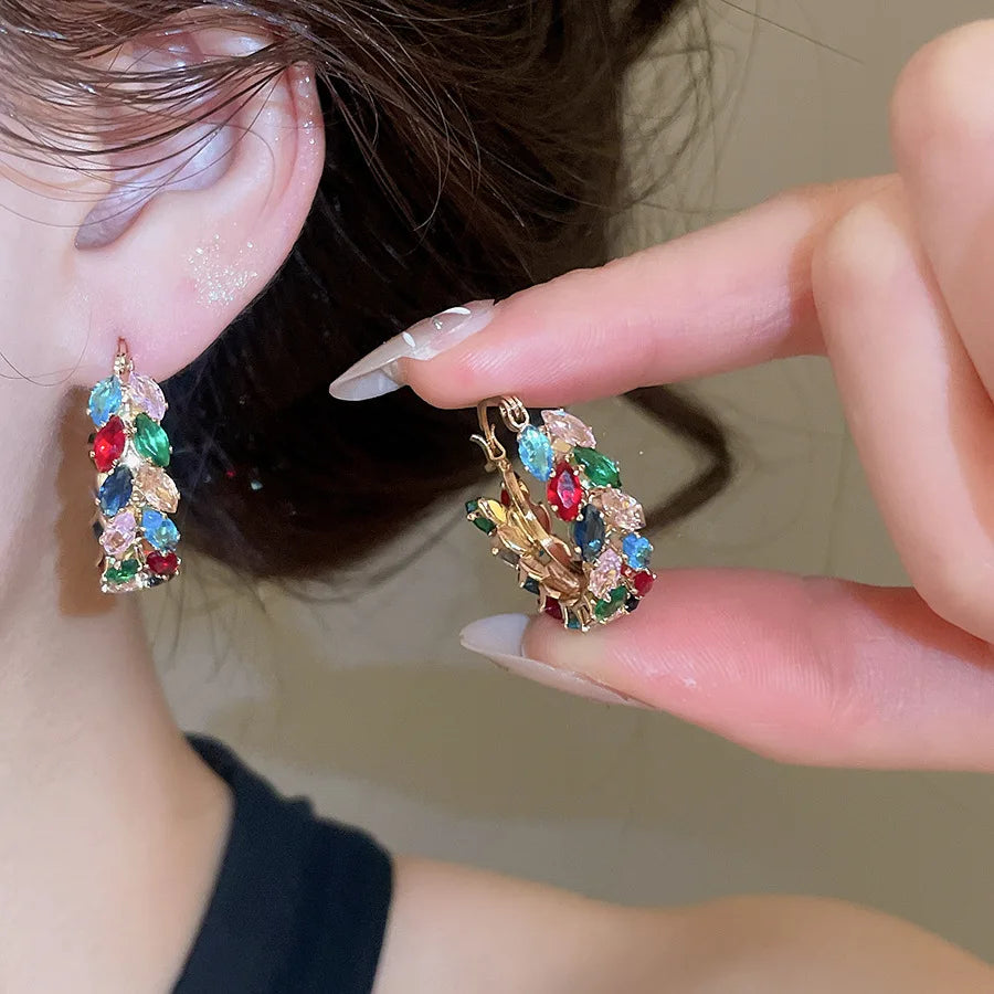 Multicolor Shiny Zircon Huggie Hoop Earrings for Women Girls Wheat Leaf Hoop Earrings Versatile Fashion Jewelry Daily Party Gift