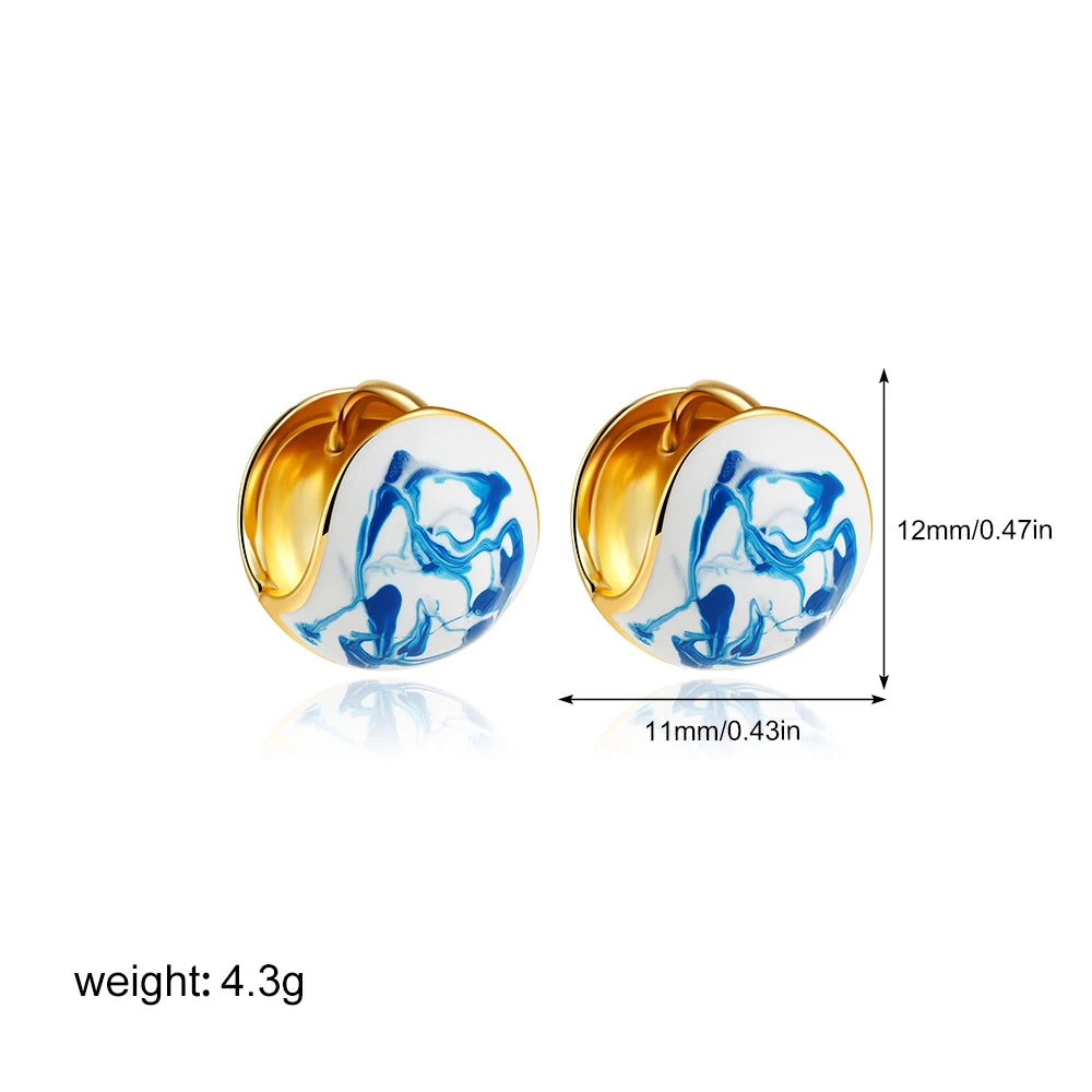 New Trendy White and Blue Enamel Flower Pattern Hoop Earrings for Women Charm Gold Plated U Shape Huggie Hoops Statement Jewelry