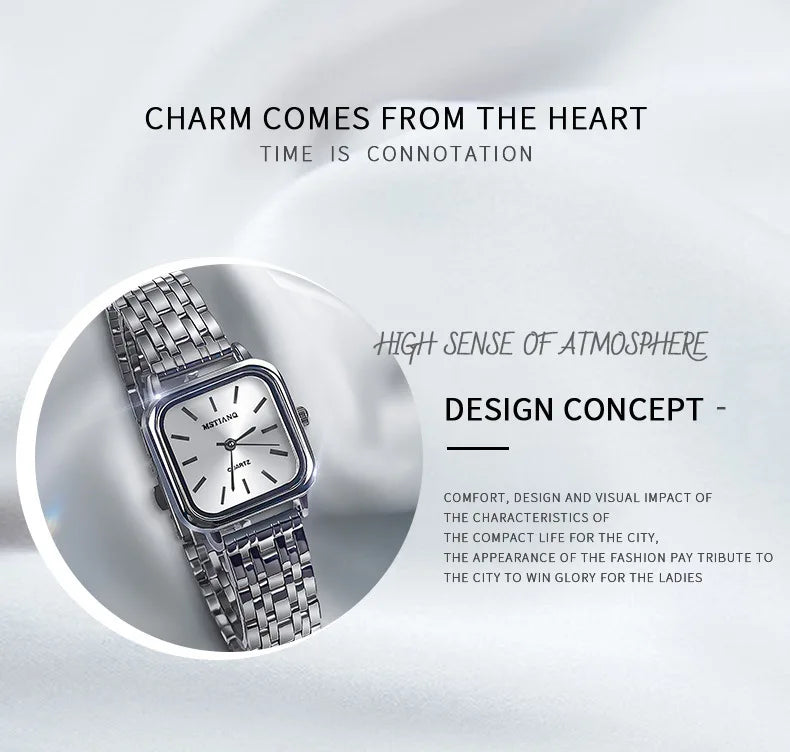 Stainless Steel Watch Women's Ins Style Simple Student Quartz Watch Casual Fashion Versatile Luxury Small Square Wristwatch