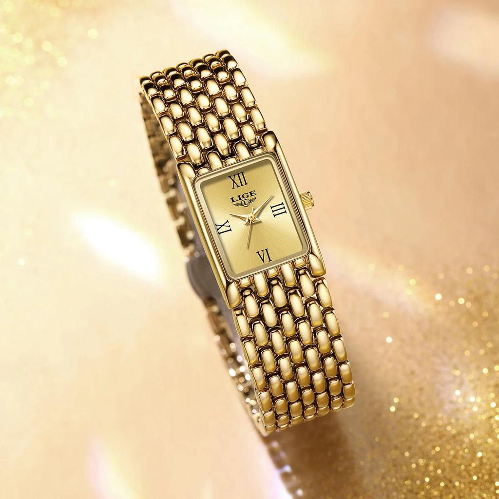 LIGE Gold Watch for Women Square Ladies Quartz Wristwatches Stainless Steel Women Small Gold Watch Luxury Casual Fashion Watch