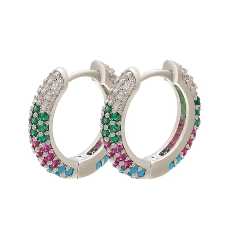 18K Gold Plated Brass Huggie Earrings with CZ Zircon Thin Ear Hoops Earring for Women Round Colorful Earring Piercing