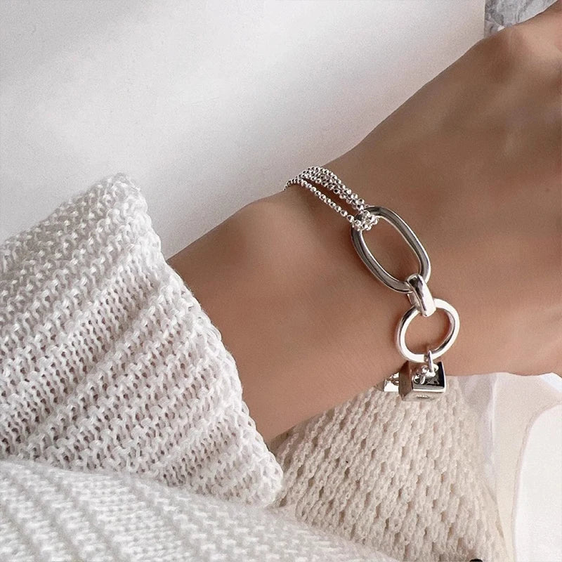 PANJBJ 925 Sterling Silver Geometry Hollow Out Bracelet For Women Asymmetric Originality Adjustable Punk Jewelry Gift Dropship