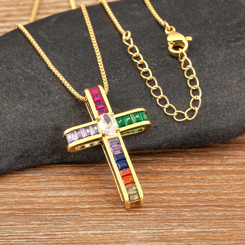 AIBEF Fashion Cross Shape Pendant Colorful Rhinestone Women Necklace Copper Zircon Stereoscopic Jewelry Christianity Unisex Gift