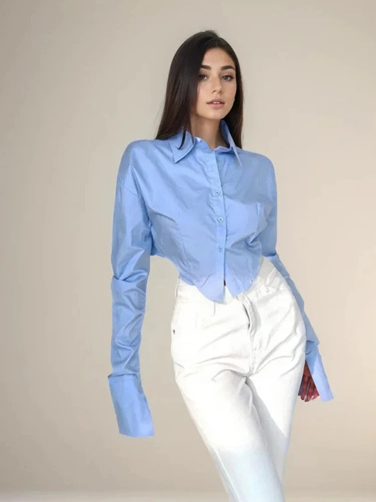 Zadily Summer 2025 Korean Style Long Sleeve White Shirt Sexy Button Detail Crop Top Women's Streetwear Blouse Female Clothing