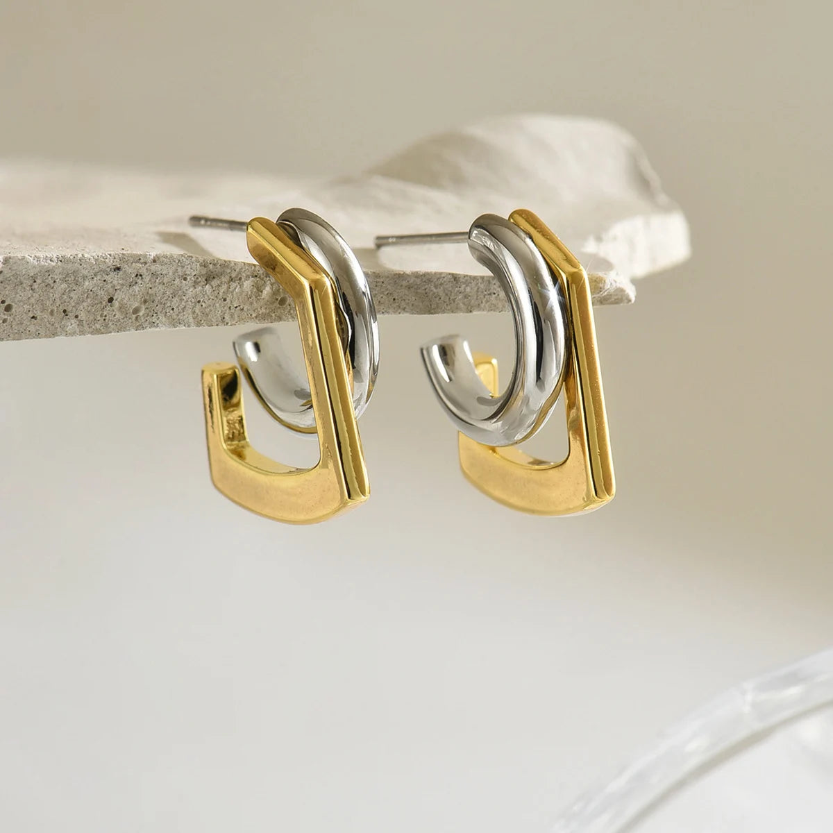 Geometric Double Round Stacking Earrings for Women Stainless Steel Dainty Gold & Silver C Shape Stud Earrings Wedding Jewelry