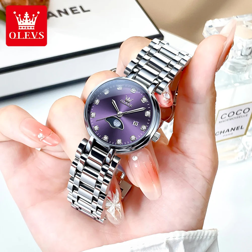 OLEVS Diamond Time Purple Moon Phase Dial Women Watches Luxury Brand New Fashion Women Quartz Watch Steel Waterproof Dress Watch