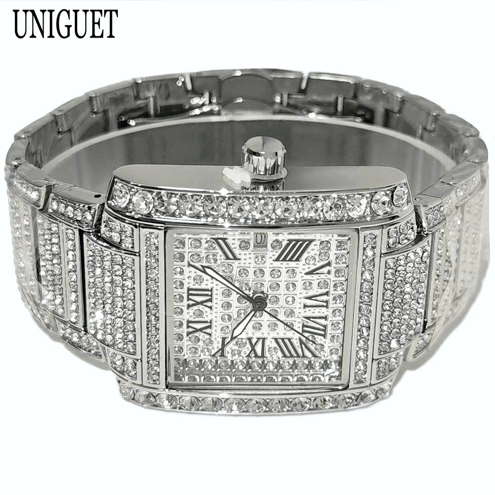 UNIGUET Iced Out Watch For Men Luxury Gold Stainless Steel Quartz Watches Hip Hop Full Diamonds Rectangle AAA Wristwatch Man