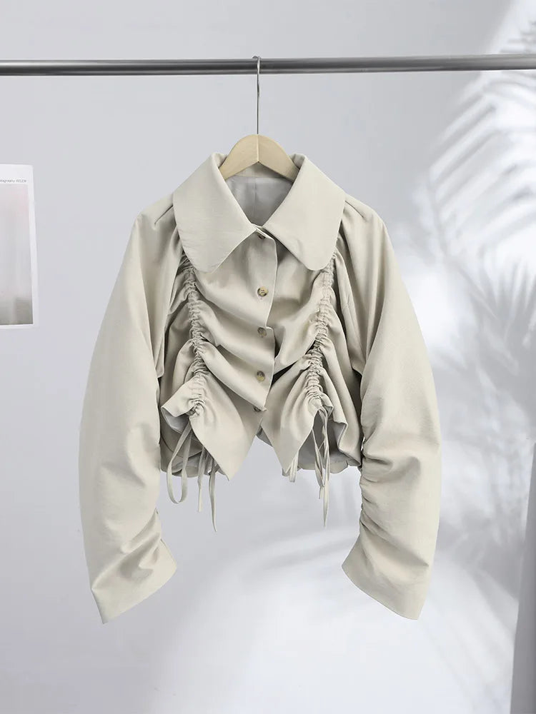 Women Coat Lapel Collar Ruched Jacket Beige Drawstring Top Button Front Lightweight Crop Outerwear Spring Outfit Woman Clothes