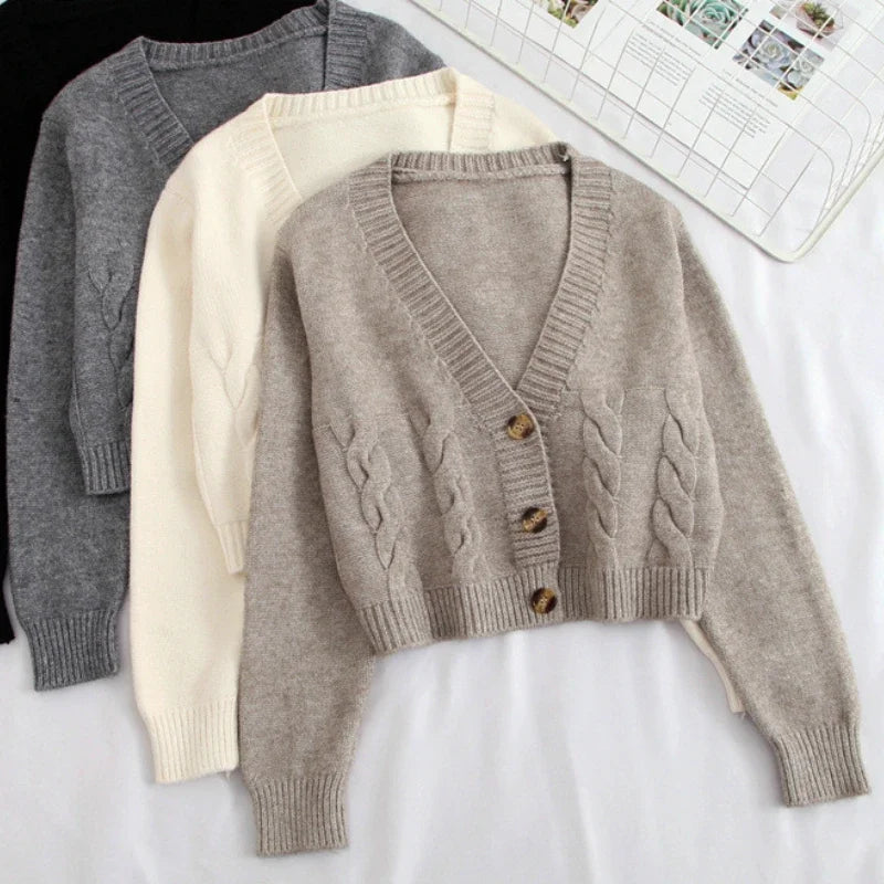 2025 V Neck Cropped Cardigan Women Long Sleeve Twist Knitted Sweater Coats Autumn Winter Keep Warm Korean Fashion Cardigan