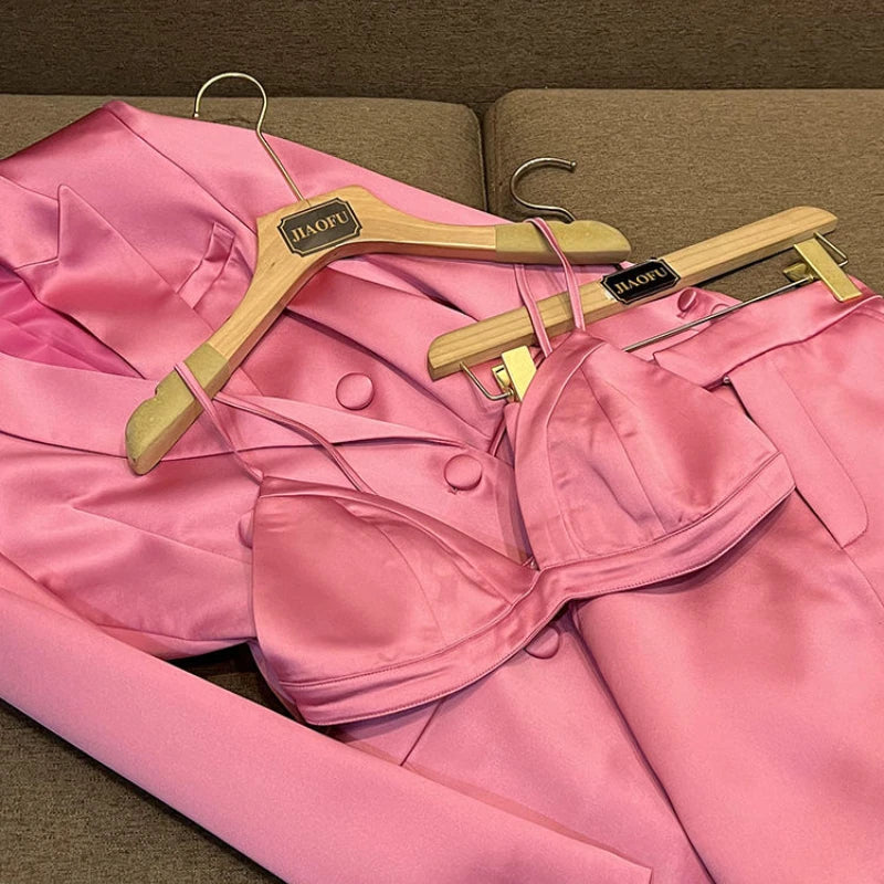 Pink Satin Slim Fit Blazer Hip-covering Skirt Fashionable Commuting Two-piece Set