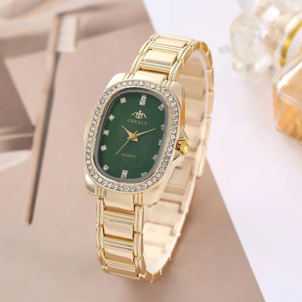 Fashion GREALY Brand Luxury Oval Dial Rhinestone Ladies' Watch  Gold Silver zinc alloy Quartz Wristwatch for Women