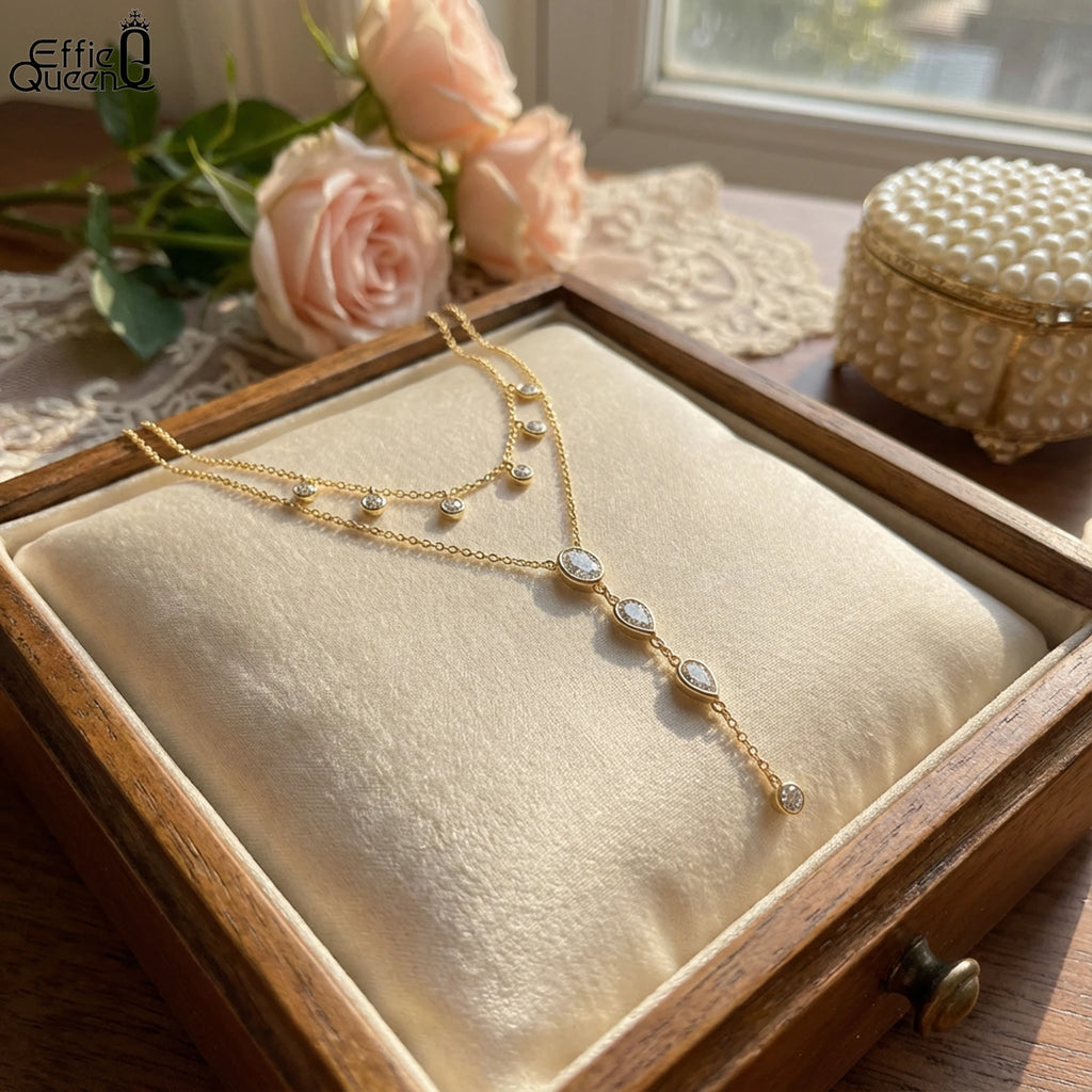 EFFIE QUEEN Dainty Zircon Y-Shaped Pendant Necklace Trendy Layered CZ Beaded Choker Long Chain 925 Sterling Silver Jewelry BQN16
