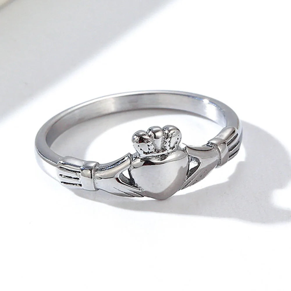Stainless Steel Irish Claddagh Ring Heart Crown Wedding Promise Band for Women Men