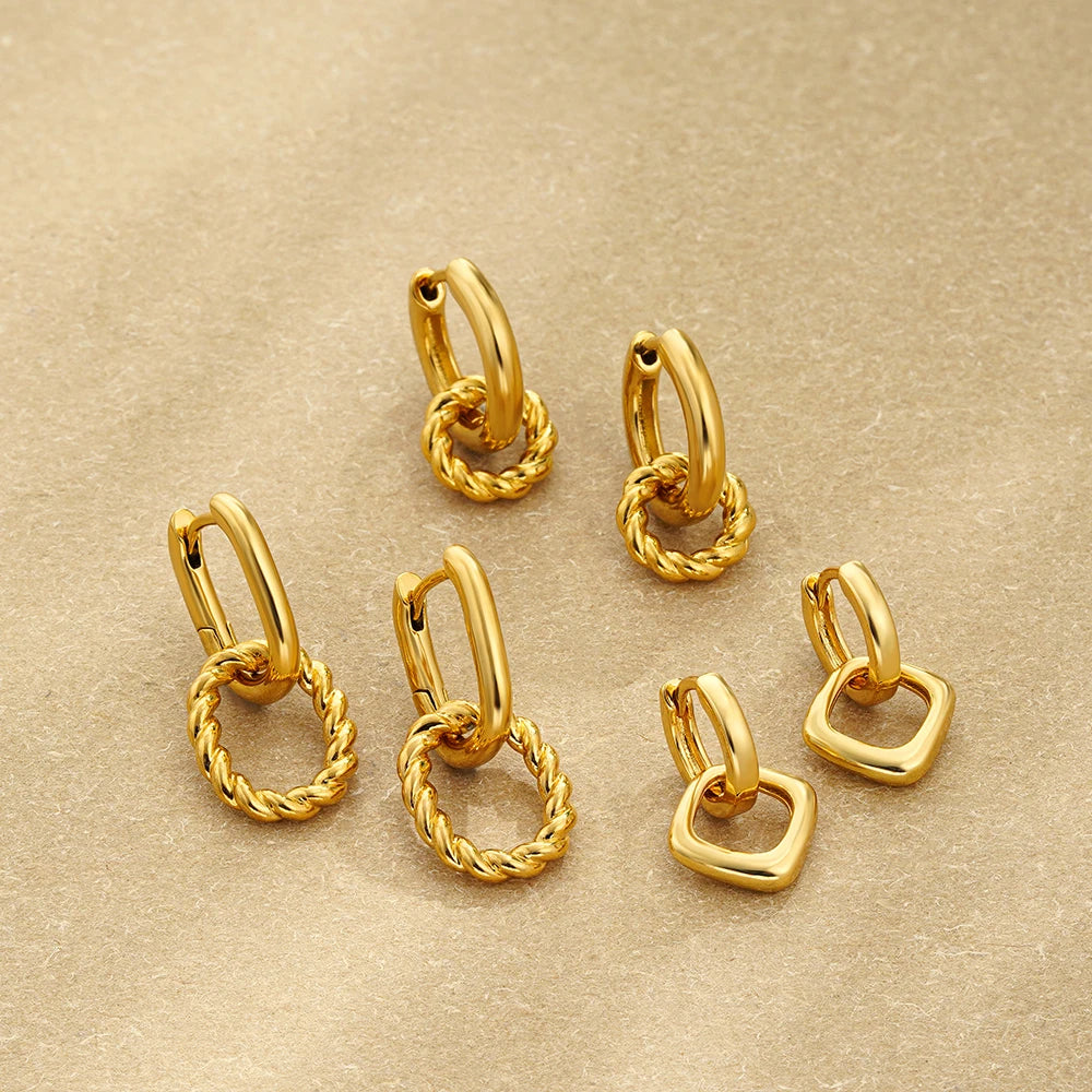 Dainty Golden Double Twist Round Hoop Pendant Earrings Retro Stainless Steel Geometric Circle Small Earring Fashion Jewelry Gift