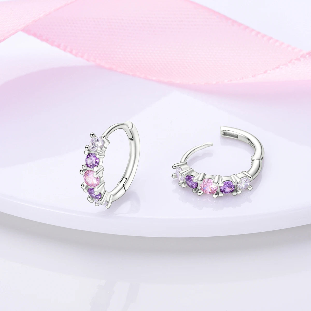 925 Sterling Silver Pink Purple Square CZ Huggie Hoop Earrings for Women Sparkling Luxury Elegant Evening Party Jewelry
