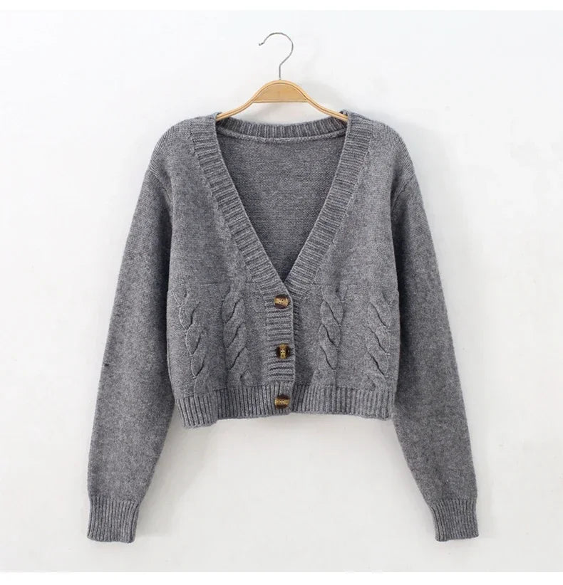 2025 V Neck Cropped Cardigan Women Long Sleeve Twist Knitted Sweater Coats Autumn Winter Keep Warm Korean Fashion Cardigan