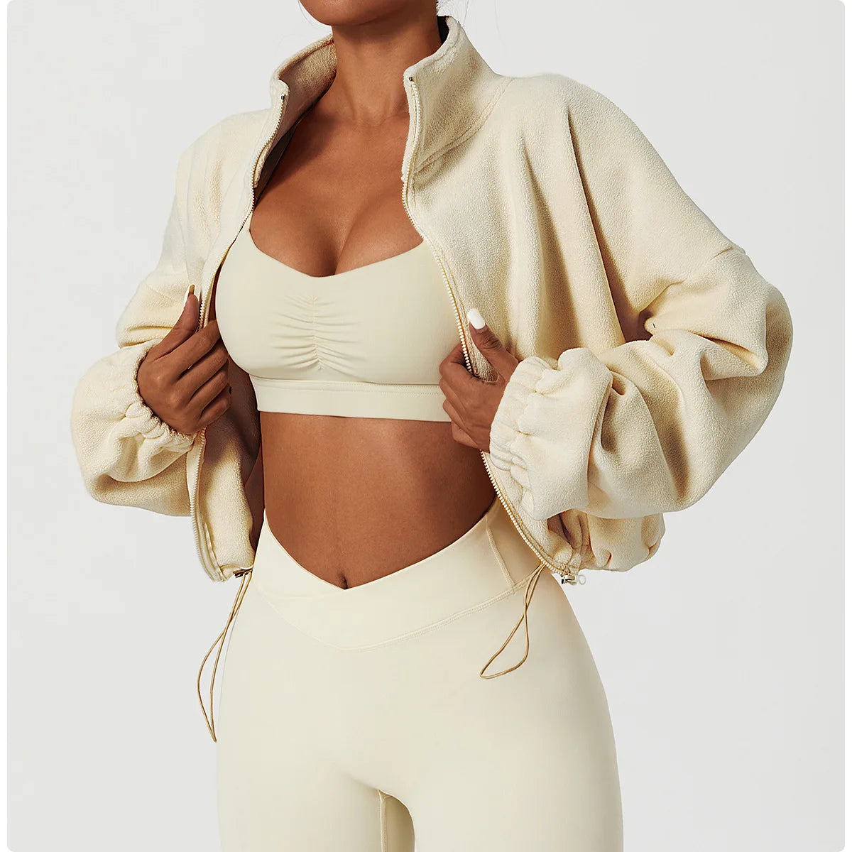 Women's Polar Fleece Zip Hoodie Athletic Loose Fit Crop Top w/ Stand Collar, Thumb Holes & Drawstring Hem for Fall Winter