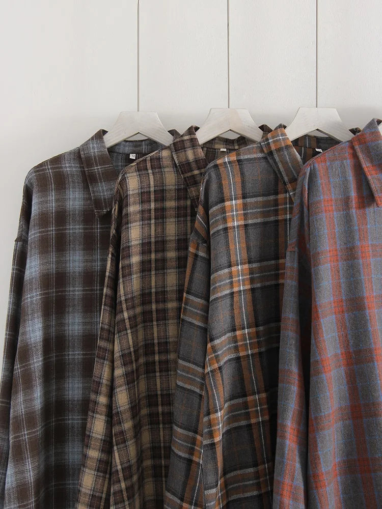 Streamgirl Oversized Plaid Shirt Women 2026 Spring Loose Vintage Long Shirts Full Sleeve Women Plaid Brown Oversized Shirt Blue