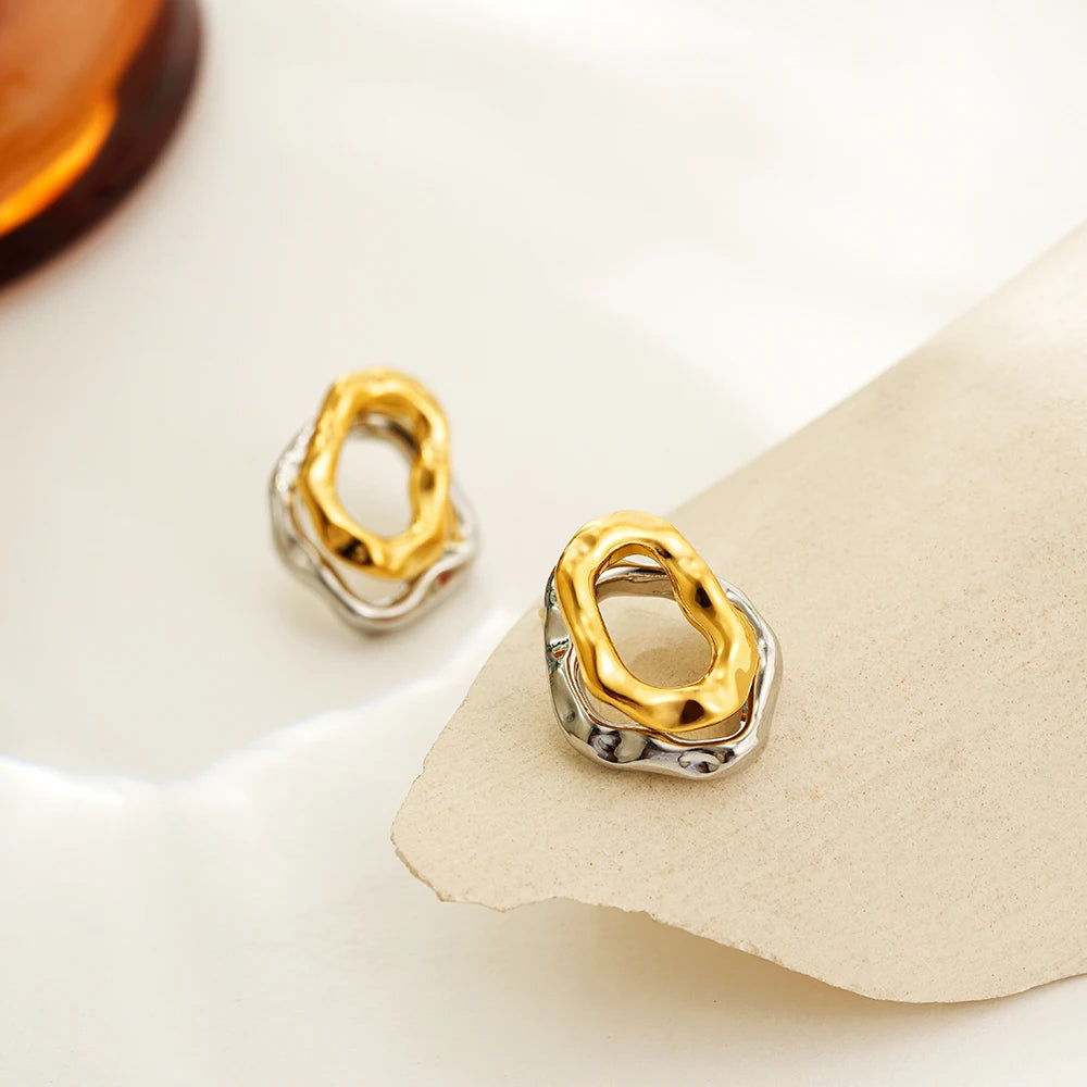 Two-wear Irregular Gold Sliver Colors Circles Bilayer Piercing Post Earring for Women Bicolor Hammered Texture Geometric Jewelry