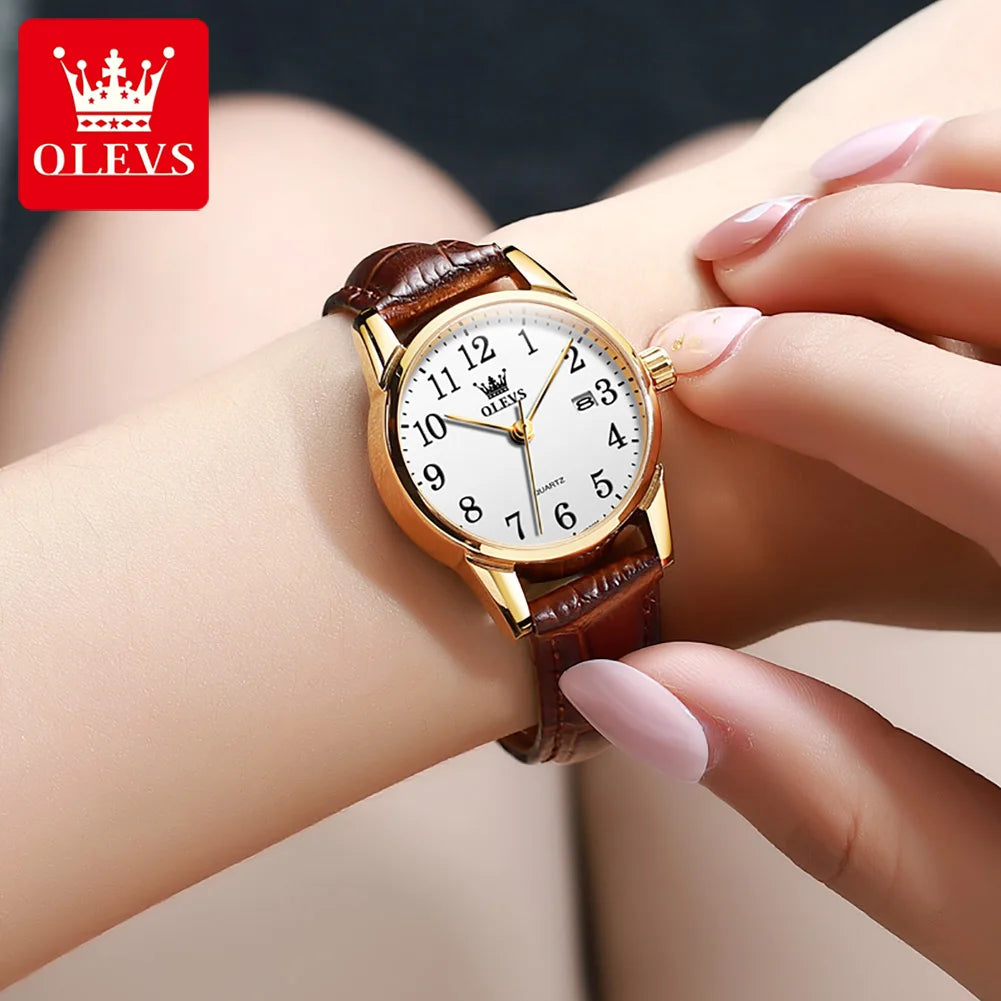 OLEVS 5566 Fashion Quartz Watch for Men and Women Leather Strap Waterproof Original Watch Arabic Numeral Scale Giving to Elders