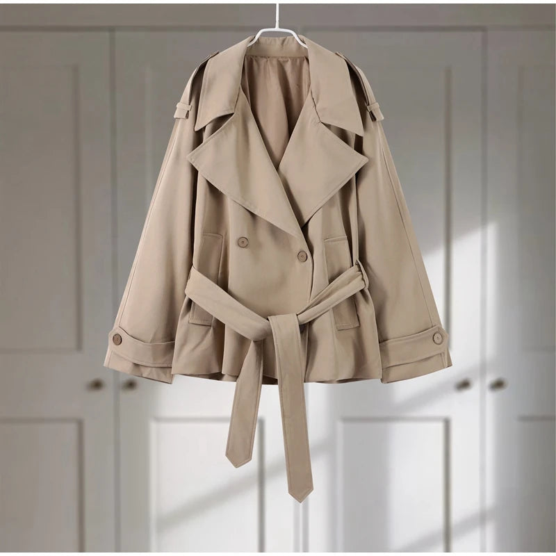Casual Loose Jackets Women Lapel Long Sleeves Belt Double Breasted Short Windbreaker 2025 Spring Fashion Chic Streetwears Lady