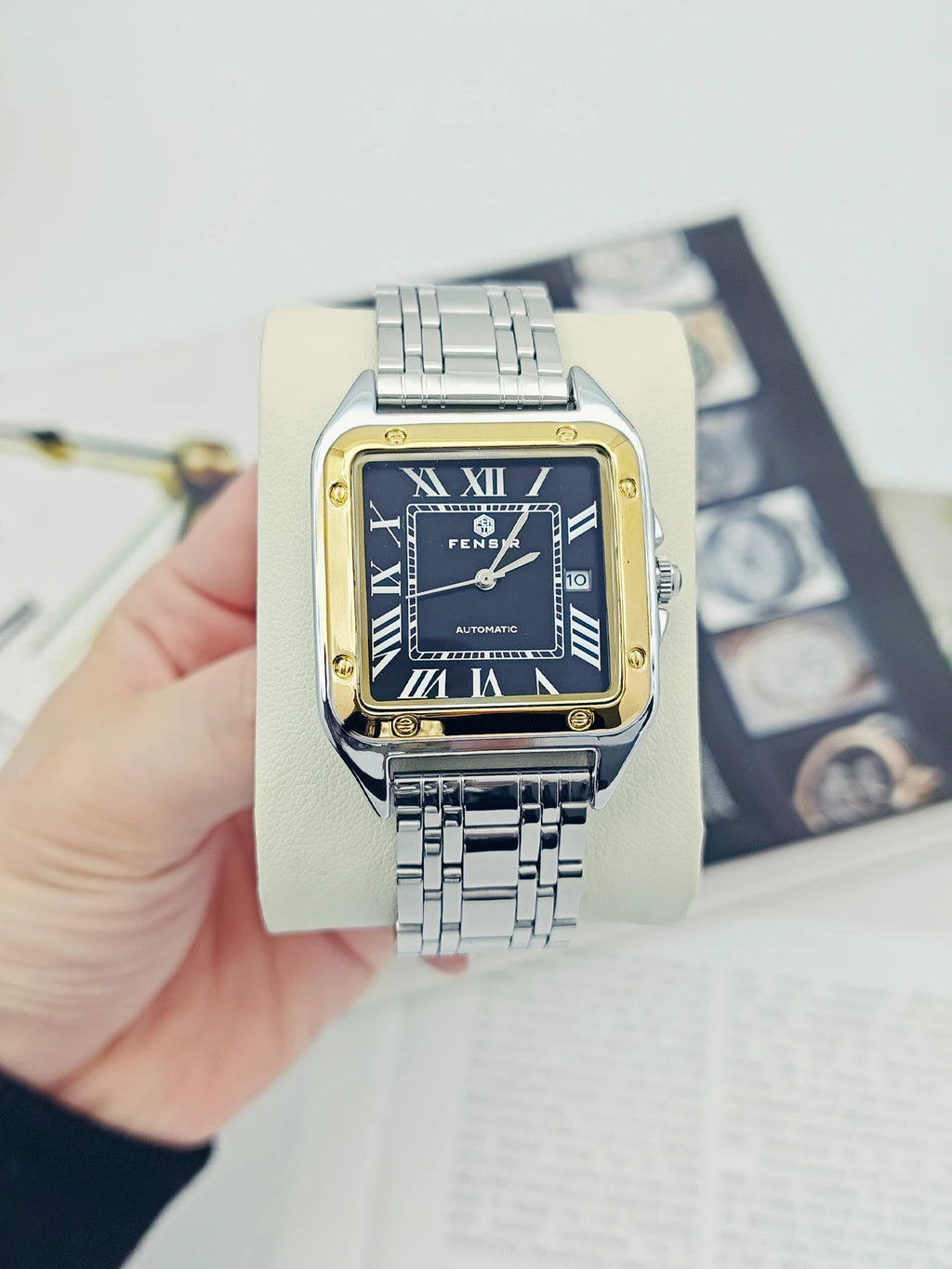 Luxury Santos Tank Watch for Men, Calendar Display, Stainless Steel Strap, High-End Luxury Small Square Men's Watch, Fashionable Business Casual Versatile Trendy Men's Wristwatch, the Best Gift for Him