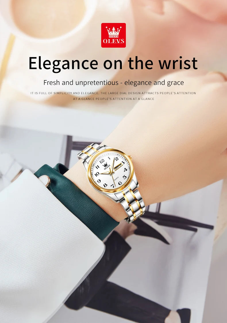 OLEVS Luxury Quartz Watch for Women Elegant Stainless Steel Watch Luminous Waterproof Week Date Wristwatch Ladies Dress Watch