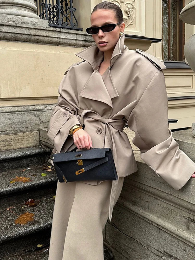 Casual Loose Jackets Women Lapel Long Sleeves Belt Double Breasted Short Windbreaker 2025 Spring Fashion Chic Streetwears Lady