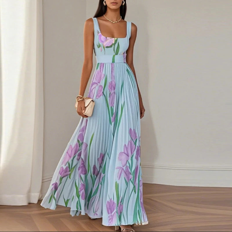 Summer Floral Print Dress Women Elegant Sleeveless Sexy High Waist Sling Long Dresses For Women Off Shoulder Beach Holiday Dress