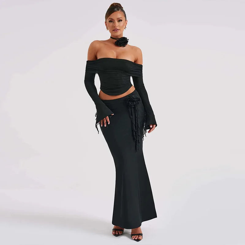 TARUXY Flower Bodycon Skirt Sets Women Slim Sexy Backless Lace Up Tops Women's Party Elegant Dress 2 Piece Womens Suits Outfits