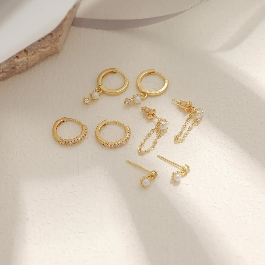 Women 14k Gold Plated Pearl Hoop Earrings Dainty Huggie Stacks, Hypoallergenic Cute Cartilage Studs, Trendy Fashion Jewelry