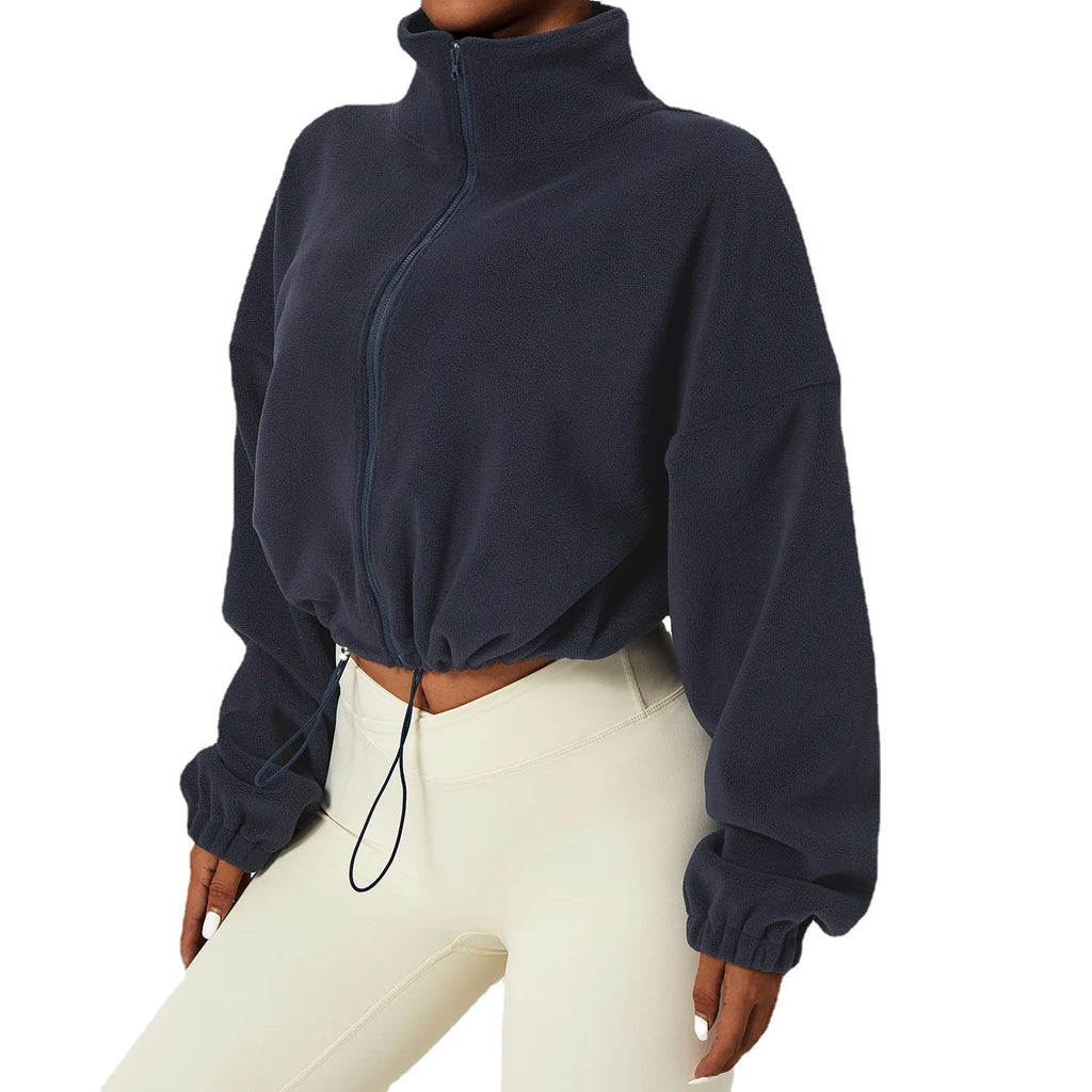 Women's Polar Fleece Zip Hoodie Athletic Loose Fit Crop Top w/ Stand Collar, Thumb Holes & Drawstring Hem for Fall Winter