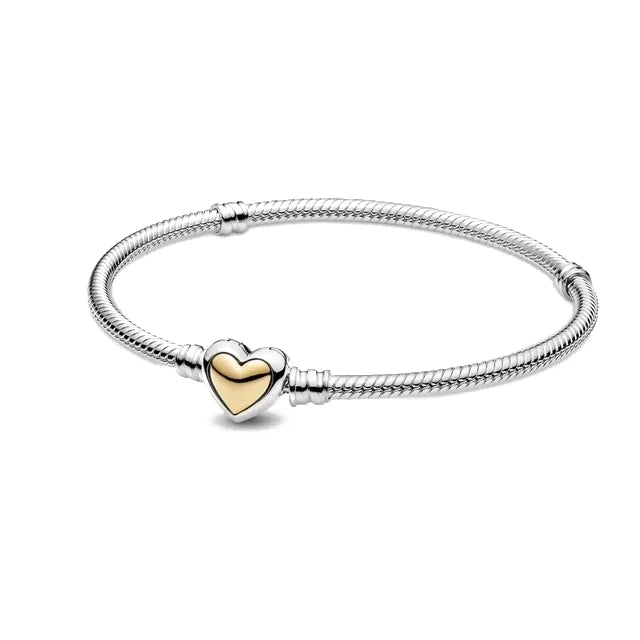 925 Silver original 17-21CM Pearl Heart-Shaped Hard Ring Square Buckle Round Bracelet Fit for DIY Mini Birthday Jewelry Gifts