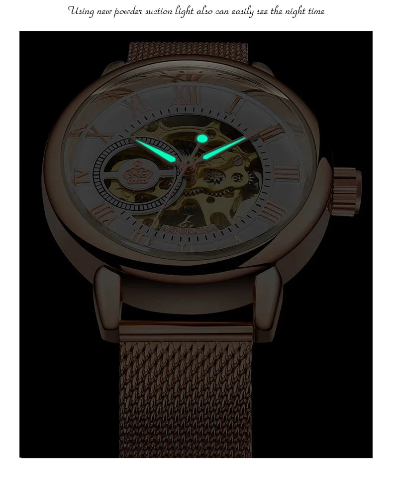 ORKINA Luxury Brand Skeleton Design Waterproof Automatic Mechanical Stainless Steel Mesh Strap Rose Gold Wrist Watch for Women