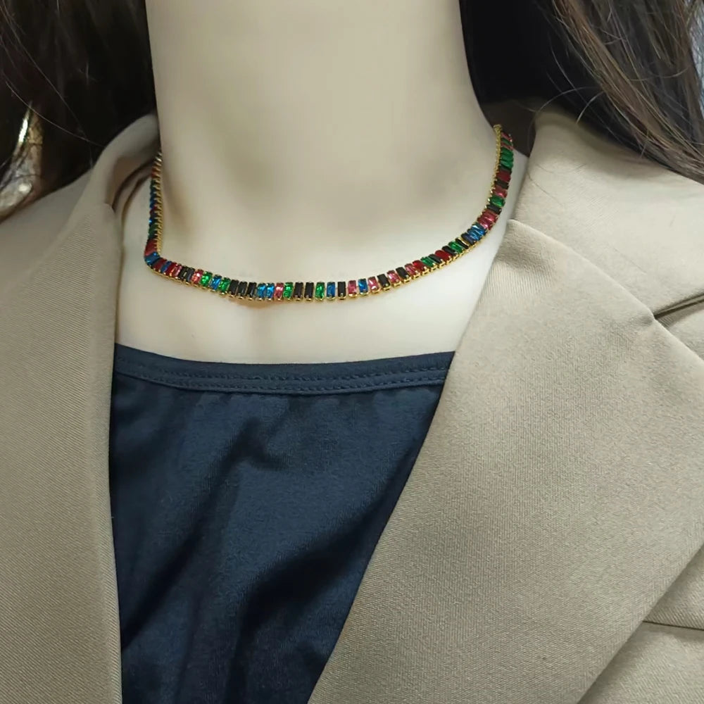 Stainless Steel Necklace Shiny Crystal White Green Cubic Zircon Choker Necklaces For Women Tennis Chain Necklace Jewelry Gift