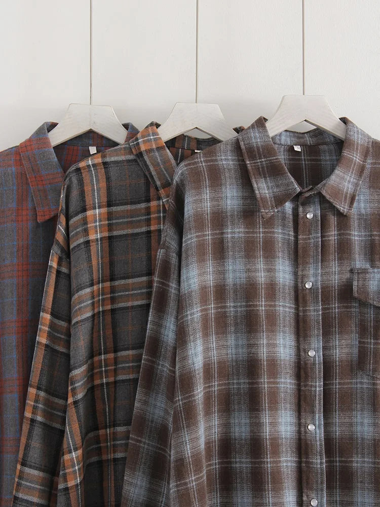 Streamgirl Oversized Plaid Shirt Women 2026 Spring Loose Vintage Long Shirts Full Sleeve Women Plaid Brown Oversized Shirt Blue