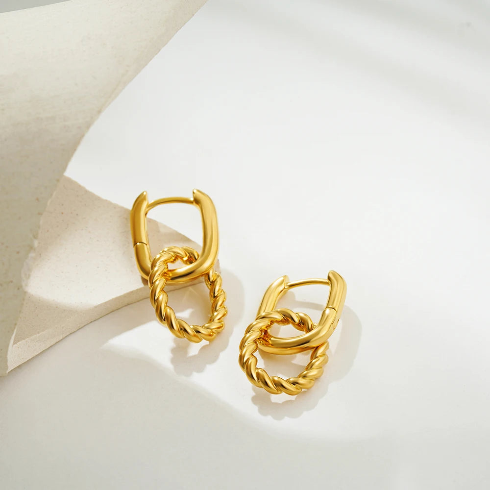 Dainty Golden Double Twist Round Hoop Pendant Earrings Retro Stainless Steel Geometric Circle Small Earring Fashion Jewelry Gift