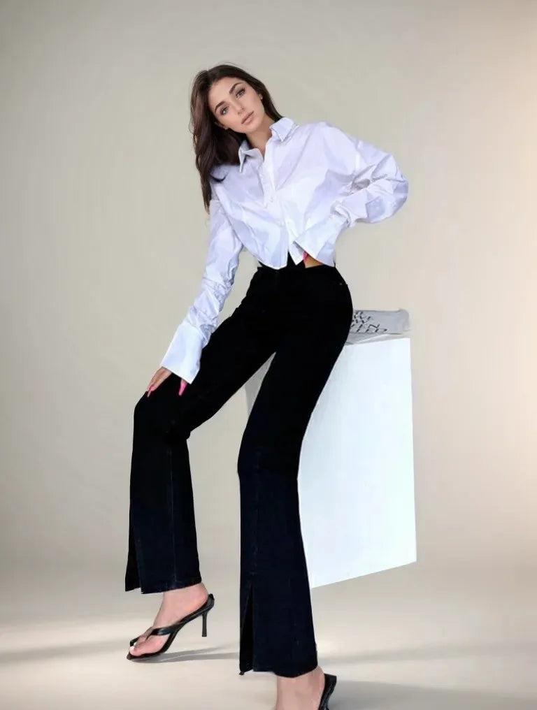 Zadily Summer 2025 Korean Style Long Sleeve White Shirt Sexy Button Detail Crop Top Women's Streetwear Blouse Female Clothing