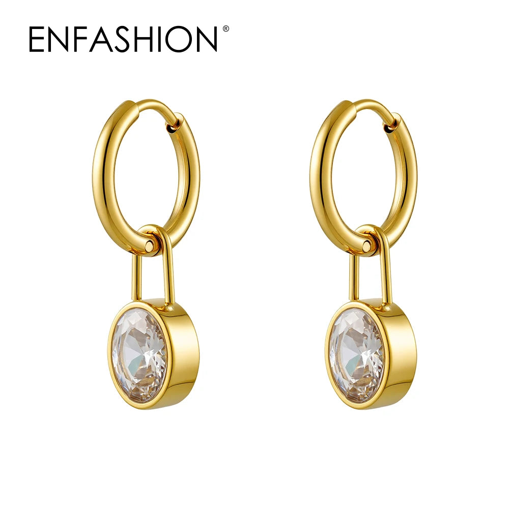 ENFASHION Aretes De Mujer Oval Zircon Huggie Earrings For Women's Stainless steel 18K Plated Gold Decliate Trendy Jewelry E1861