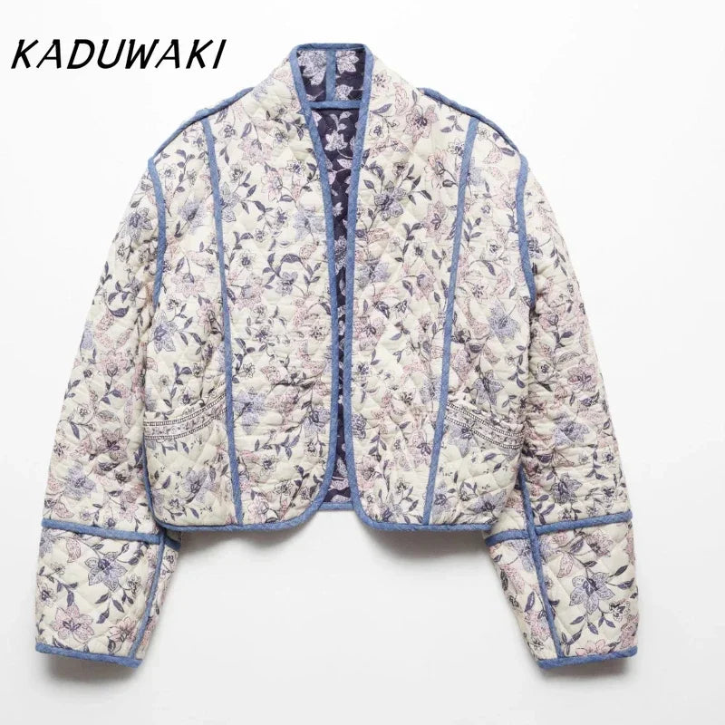 KADUWAKI Fashion Retro Stand-up Collar Long-sleeved Printed Two-sided Wear Quilted Short Cotton Jacket Classic Casual Streetwear