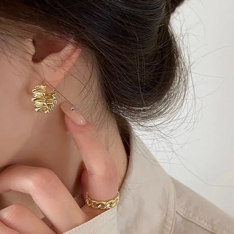 Metal Huggie Earrings Crinkle Molten Irregular Hoop Geometric Gold Silver Alloy Minimalist Women Small Jewelry Wear Gift Party