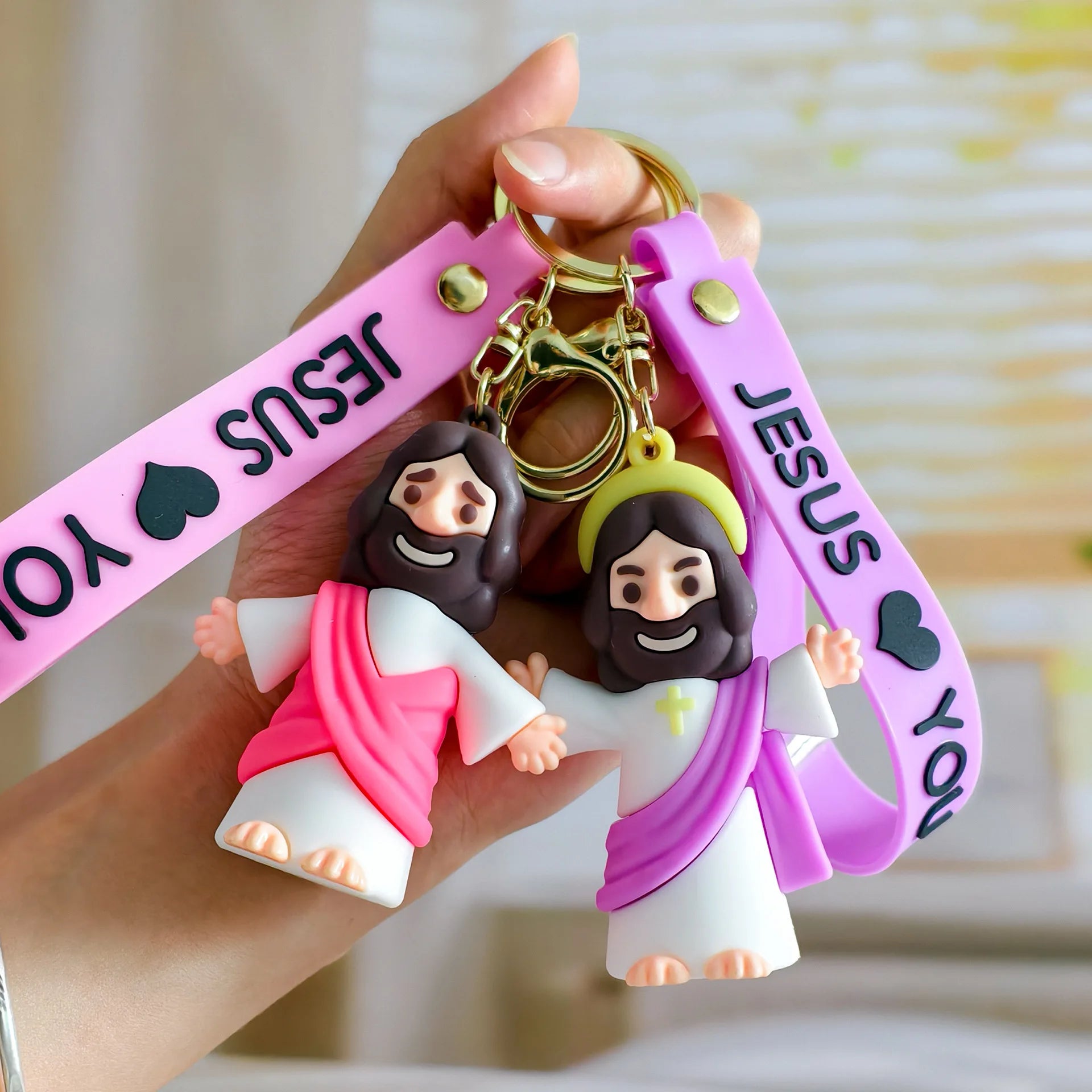 Jesus Cartoon Keychains - Cute Silicone Religious Key Rings with Colorful Straps, Christian Themed Bag/Key Accessories