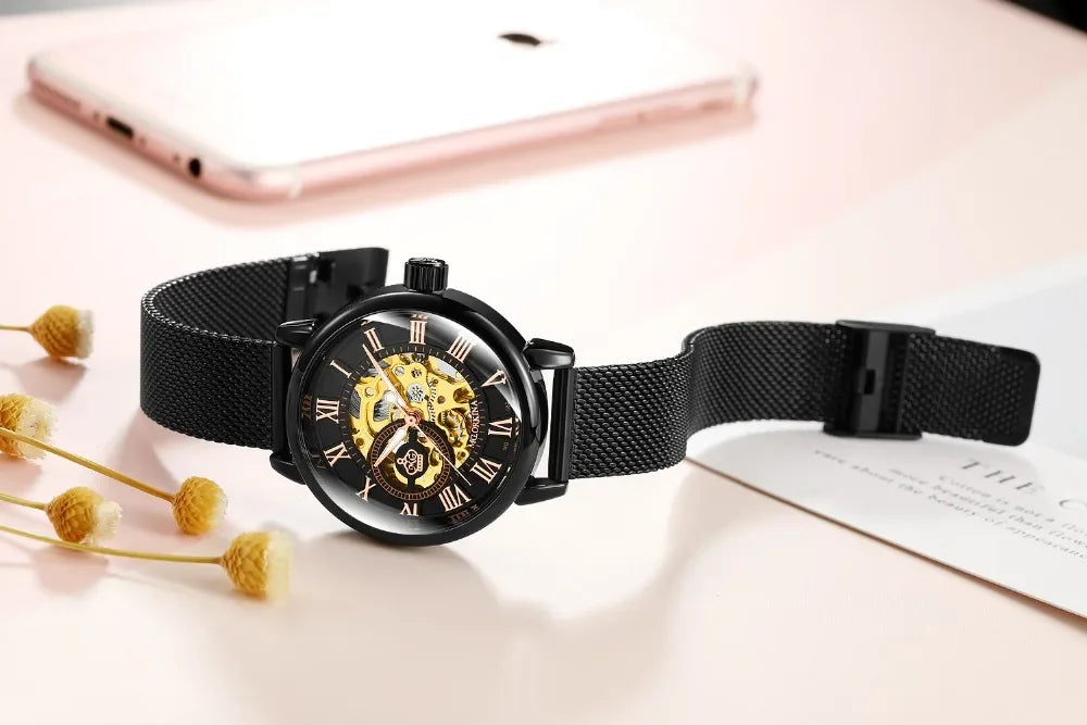 ORKINA Luxury Brand Skeleton Design Waterproof Automatic Mechanical Stainless Steel Mesh Strap Rose Gold Wrist Watch for Women