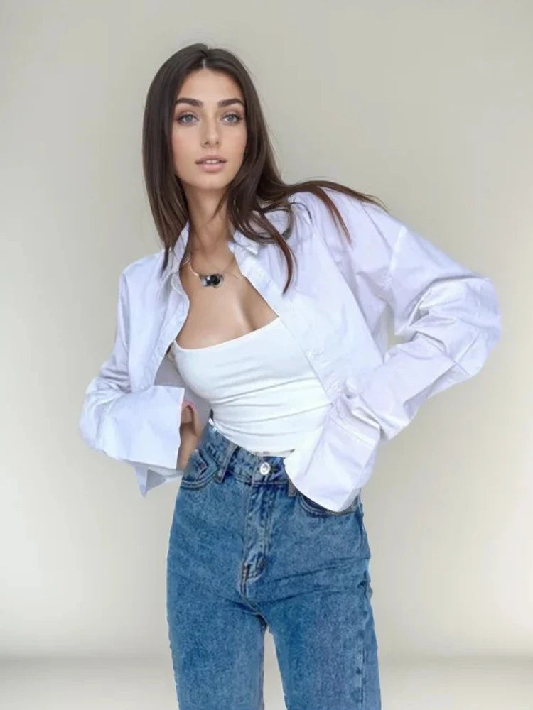 Zadily Summer 2025 Korean Style Long Sleeve White Shirt Sexy Button Detail Crop Top Women's Streetwear Blouse Female Clothing