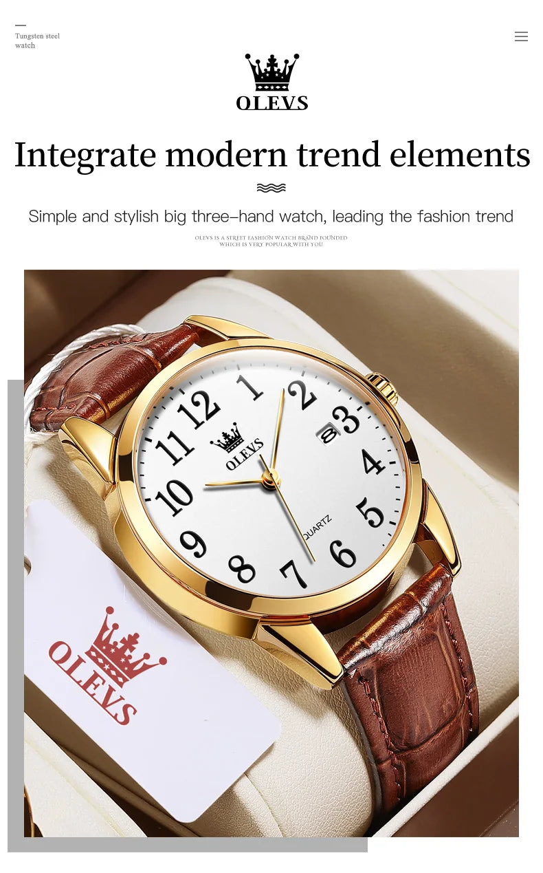 OLEVS 5566 Fashion Quartz Watch for Men and Women Leather Strap Waterproof Original Watch Arabic Numeral Scale Giving to Elders