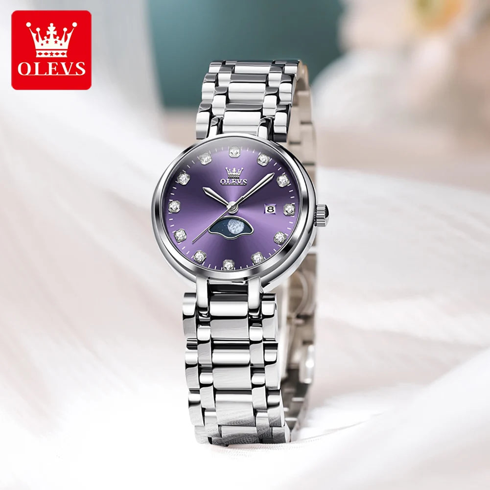OLEVS Diamond Time Purple Moon Phase Dial Women Watches Luxury Brand New Fashion Women Quartz Watch Steel Waterproof Dress Watch