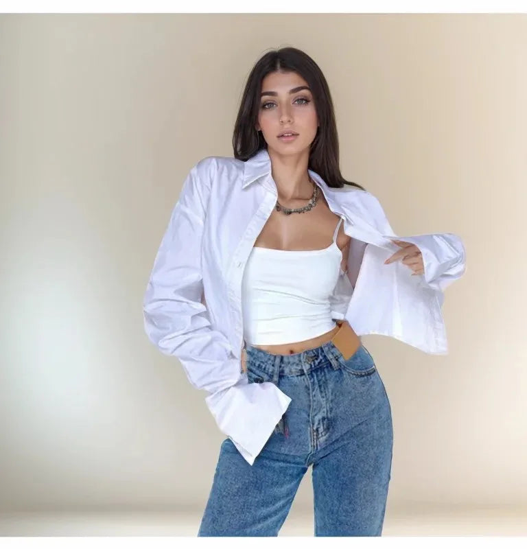Zadily Summer 2025 Korean Style Long Sleeve White Shirt Sexy Button Detail Crop Top Women's Streetwear Blouse Female Clothing