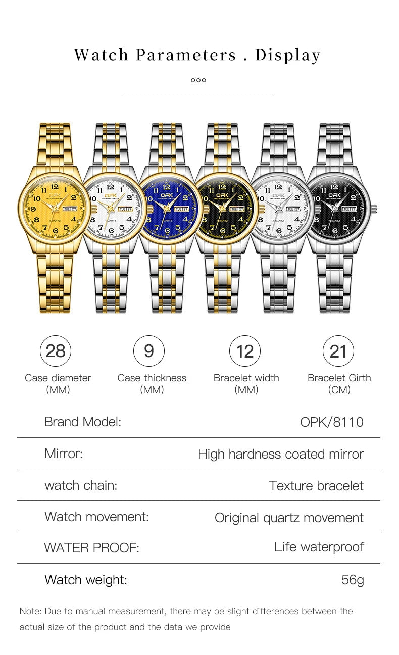 OPK 8110 Ladies Watch Classic Simple Brand Quartz Watch Stainless Steel Strap Watch For Women Waterproof Luminous Day-Date Watch