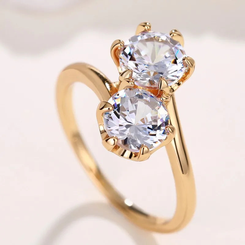 Huitan Double Round Cubic Zirconia New Rings for Women Fashion Wedding Accessories Luxury Gold Color Temperament Female Jewelry
